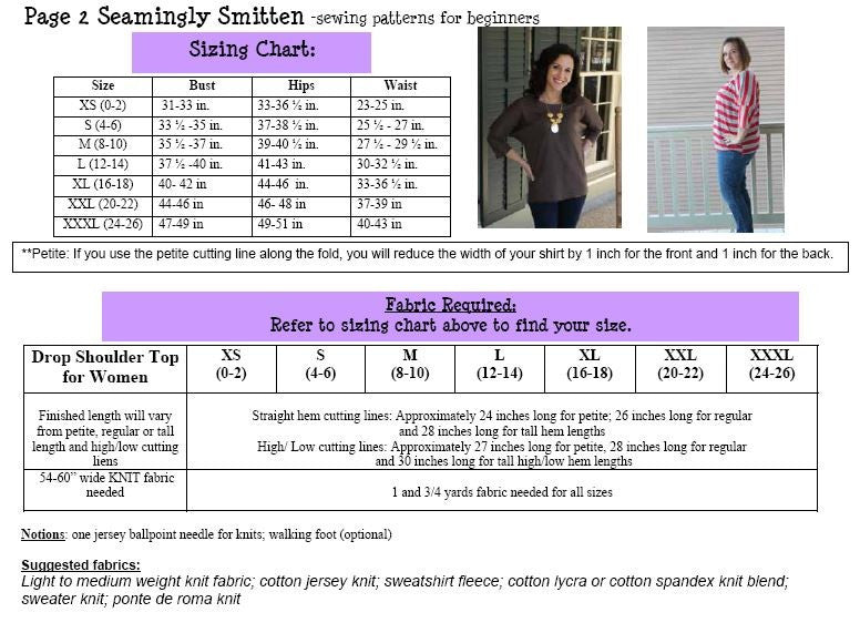 Women's Drop Shoulder Top pdf sewing pattern (sizes XS-XXXL / 0-26)